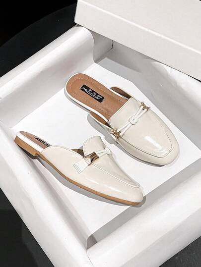 Mengshangli Women's Solid Color Slip-On Sandals, Punk Style, Metal Knot Decor, Flat Casual Shoes For Office, Beach, Party, Spring/Summer
