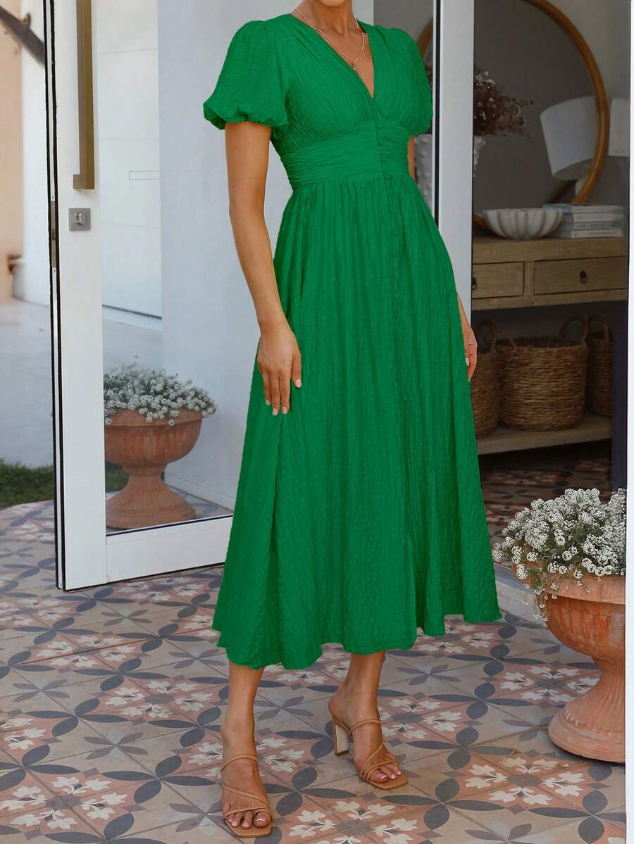 Gaun Wanita PoPoHouse Warna Polos Elegan Leher V Lengan Mengembang, Cocok untuk Pakaian Liburan, Musim Semi/Panas - Hijau - View 1