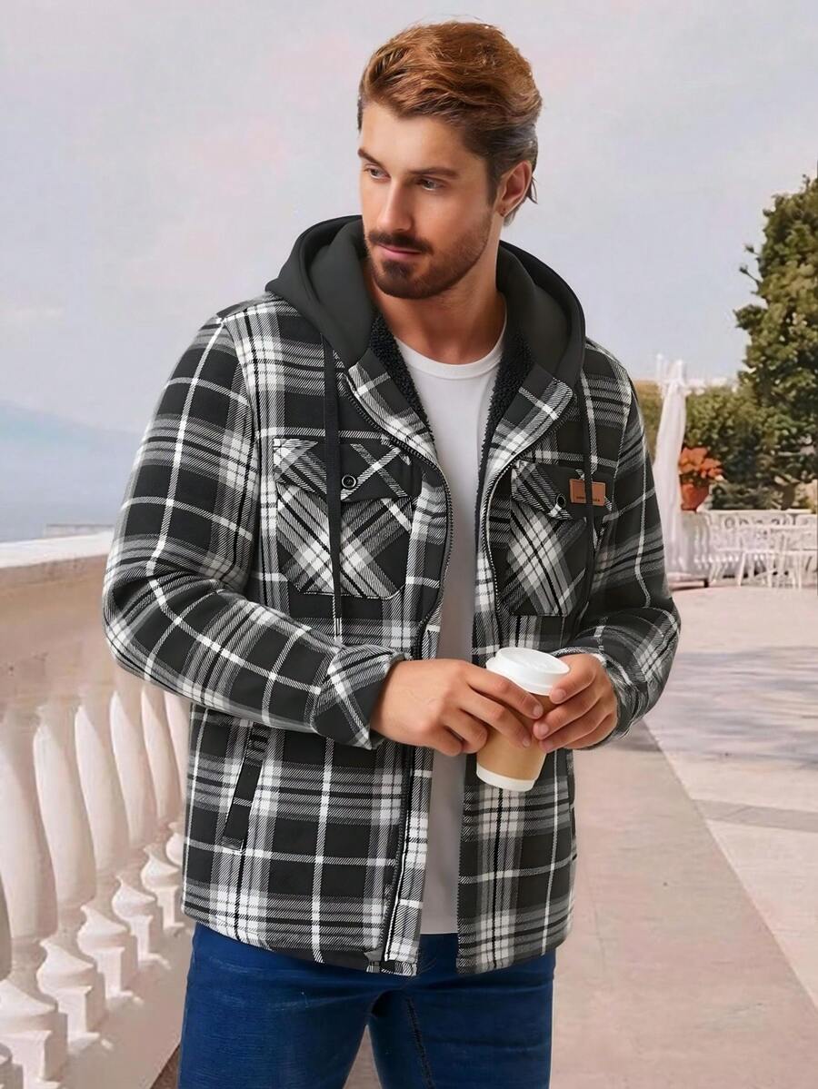 Mens Flannel Hoodie Shirts Long Sleeve Casual Plaid Jackets - Suitable For Autumn And Winter - Casual Style - Black and White - View 1