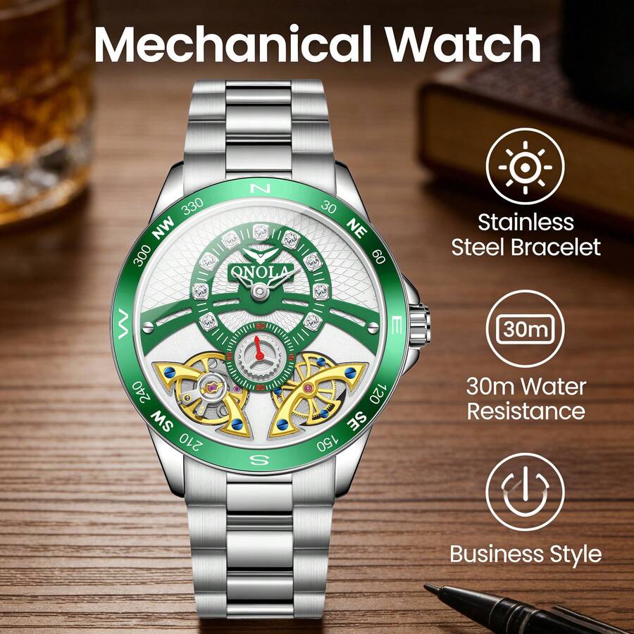 ONOLA 2026 New Men Automatic Mechanical Watch 30M Waterproof Stainless Steel Band Skeleton Business Gift - one-size - View 1
