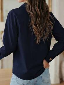 Plus Size Navy Blue Front Button Long Sleeve Shirt For Women, Dropped Shoulder Heart-Shaped Button Loose Casual Woven Fabric, Elegant Versatile Commuter Top Spring - Royal Blue - View 5