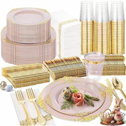 350PCS Pink Plastic Plates - Pink Plastic Dinnerware Sets For 50 Guests - 100  Plates, 150 Gold Sierware, 50 Cups, 50 Napkins Perfect For Wedding & Party & Easter Variant 4