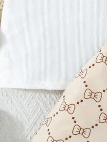 2件套女童甜美可爱蝴蝶结装饰荷叶袖上衣和纯色半裙套装，夏季休闲日常穿着 - 杏色 - 查看 6