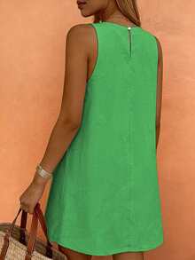 Women's Fashionable Versatile Minimalist Elegant Khaki Round Neck Sleeveless Dress, Suitable For Commuting In Spring And Summer - Dark Green - View 4