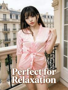1pc Women's Solid Color Elegant Tie-Front Robe, Sexy Short Satin Silk Soft Sleepwear, Suitable For Brides, Bridesmaids, Home Wear. Wedding Season Short Dress, Letter Pattern, Kimono And Nightgown. - Bright Pink - View 8