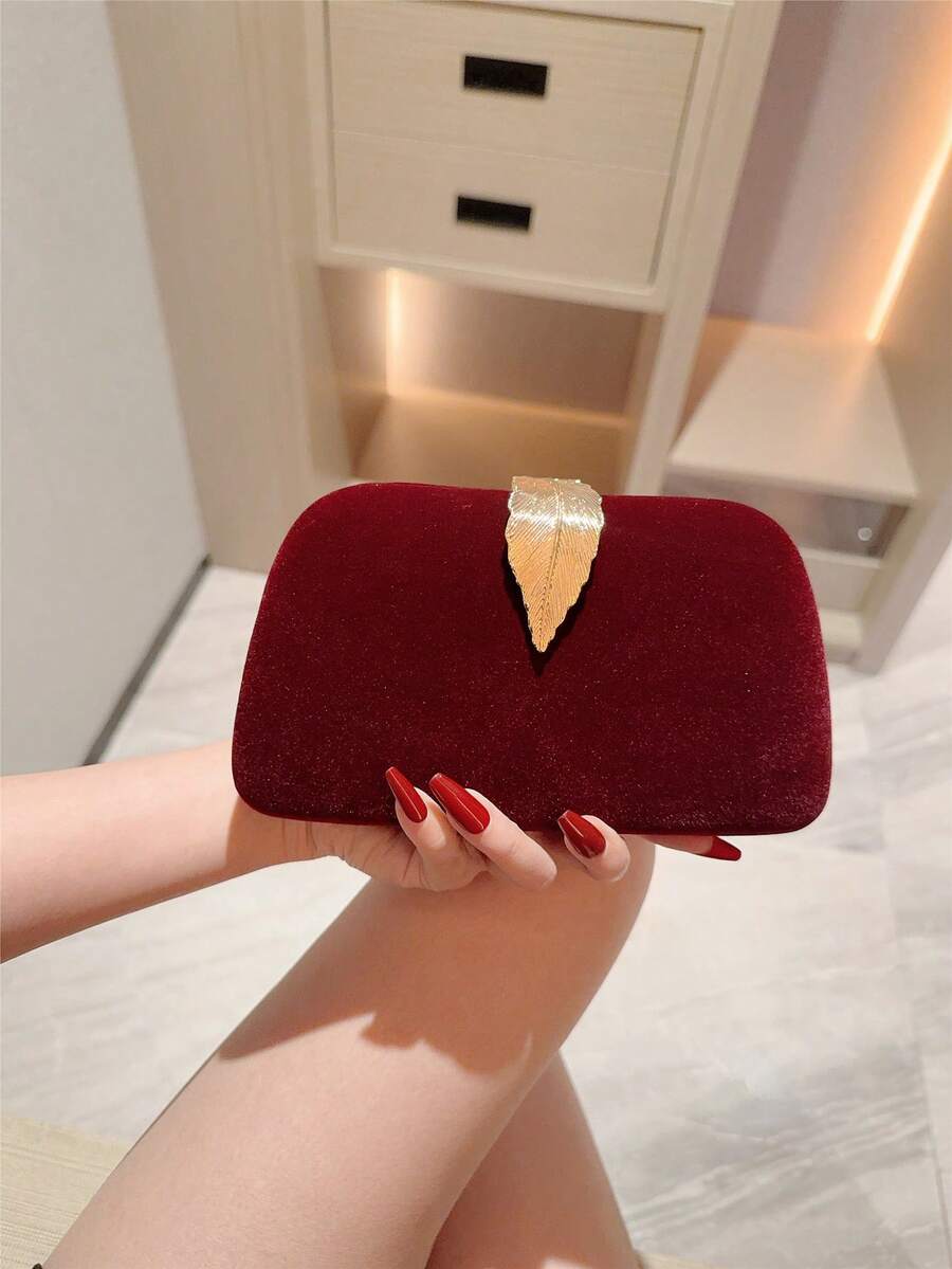 1个复古酒红色金属叶形装饰手拿包，奢华闪亮金色迷你手提包，时尚迷人，精致优雅，女士晚宴包，适合婚礼/主题正式派对/舞会/鸡尾酒会/生日聚会，配有链条