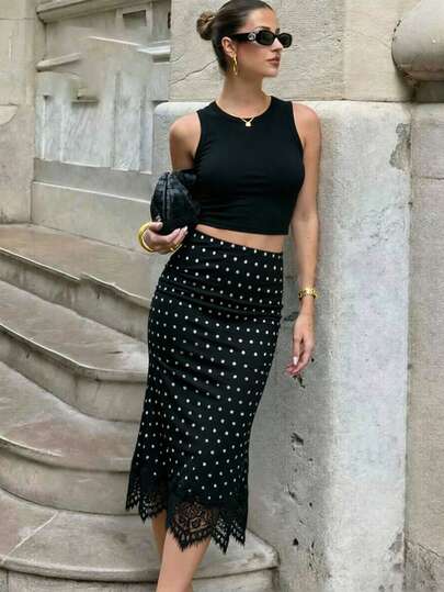 1 pieza Falda A-Line elegante y casual de mujer con lunares y parches de encaje, adecuada para salidas diarias, ir al trabajo y estilo callejero en primavera y verano