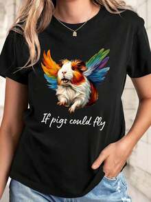 Camiseta Gráfica de Canguro Volador con Alas Arcoíris para Mujer - Suave y Elástica, Ajuste Regular con Cuello Redondo para Comodidad Todo el Año, Diseño Divertido, Elasticidad Media - Negro - Ver 1