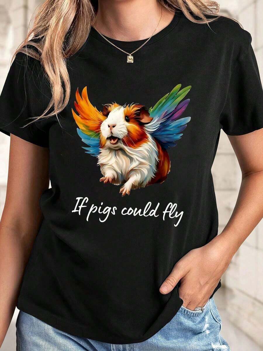Camiseta Gráfica de Canguro Volador con Alas Arcoíris para Mujer - Suave y Elástica, Ajuste Regular con Cuello Redondo para Comodidad Todo el Año, Diseño Divertido, Elasticidad Media - Negro - Ver 1