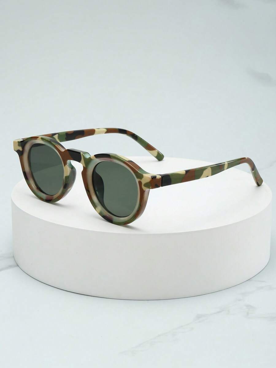 1pc Unisex Retro Round Small Frame Personalized Minimalist Fashion Glasses, Suitable For Party, Travel, Beach, Daily Wear - Camouflage Frame Green Piece - View 1