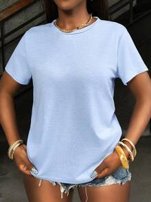 Solid Color Round Neck Basic Short Sleeve T-Shirt Is Suitable For Summer Casual WearLoose And Comfortable - 淺藍色 - 查看 4