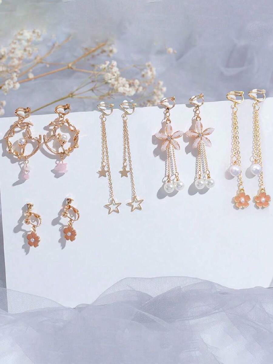 5 cặp bông tai kẹp tua rua hình trái tim kim loại thời trang phù hợp cho trang phục hàng ngày của phụ nữ, ngày lễ tình nhân, mẹ, mẹ, ngày của mẹ, quà tặng
