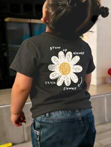 Baby Girl Minimalist Daisy Floral Print Crew Neck Short Sleeve Cute Top - Dark Grey - View 2