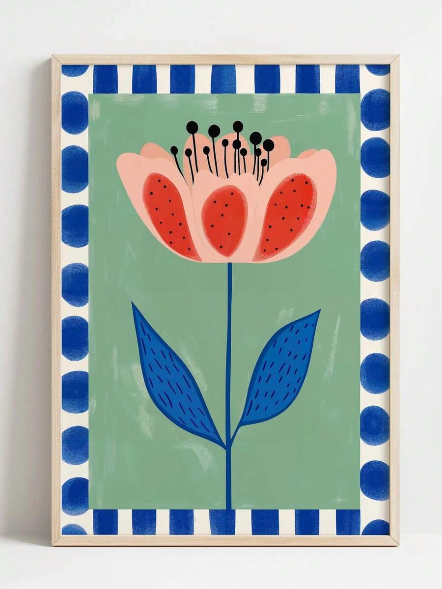 1幅帆布墙画,带框墙画,现代花卉墙饰 - 引人注目的红色花卉插画,点缀以蓝色和绿色细节 - 充满活力的植物印花,农舍风格墙画,波西米亚风海报,公寓装饰,房间装饰美学,舒适装饰,宿舍装饰,客厅装饰,浴室装饰,厨房装饰,餐厅装饰,卧室装饰,礼物,乔迁礼物,办公室装饰,波西米亚花卉图案 - 花卉 - 查看 1