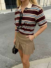 Polo a rayas estilo americano retro | Estilo universitario relajado de verano - Café integral - Ver 2