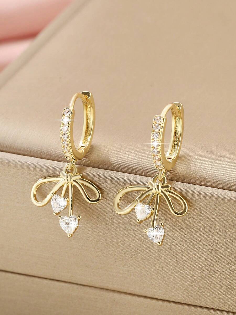 1 Pair Copper Zirconia Encrusted Cute Bow Pendant Earrings, Fashionable Versatile Gift For Women - Butterfly - View 1