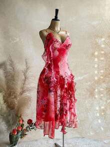 WYWH Vacation Retro Bohemian Animal Print Tie Dye Jellyfish Frill Trim 3D Floral Satin Chiffon Dress - Red - View 6