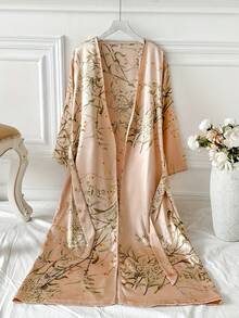 1 PC Luxe Nights French Elegant Loose Long Robe, Women Sleepwear Satin Robe, For Fall, Winter, Sexy Short Satin Silk Soft Sleepwear, Suitable For Bride, Bridesmaid, Home Use,Morning Robe And Sleeping Robe,Ladies Four Seasons Home Clothes Tie Nightgown Nightdress Thin Outer Wear Medium And Long Pajamas Bathrobe,Machine Washable,Suitable For Gifts, Banquets, Portable And Lightweight,Summer,Spring - Multicolor - View 6