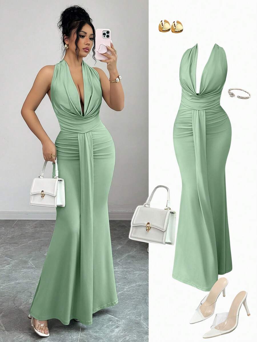 abyoxi 女士鼠尾草绿露背扭结前褶皱修身美人鱼长裙，春夏优雅派对长裙 - 豆綠色 - 查看 1