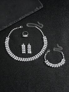 Bộ trang sức cưới sang trọng 5 món đính đá lấp lánh, gồm vòng cổ, bông tai và vòng tay, phụ kiện thời trang dự tiệc và lễ hội, thích hợp cho chụp ảnh cưới. - Bạc - Xem 4