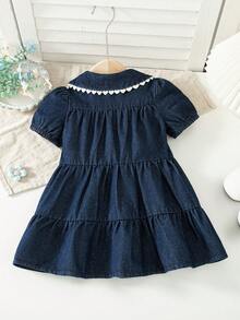 女婴可爱彼得潘领藏蓝色灯笼袖宽松休闲牛仔连衣裙，适合夏季外出 - 藍色 - 查看 2