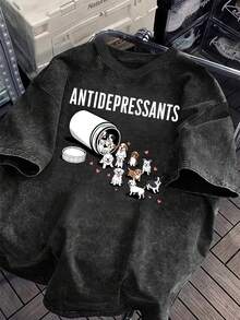 Camiseta de manga corta para mujer con estampado de antidepresivos, cuello redondo y estilo retro, ideal para uso diario informal. - Negro - Ver 1