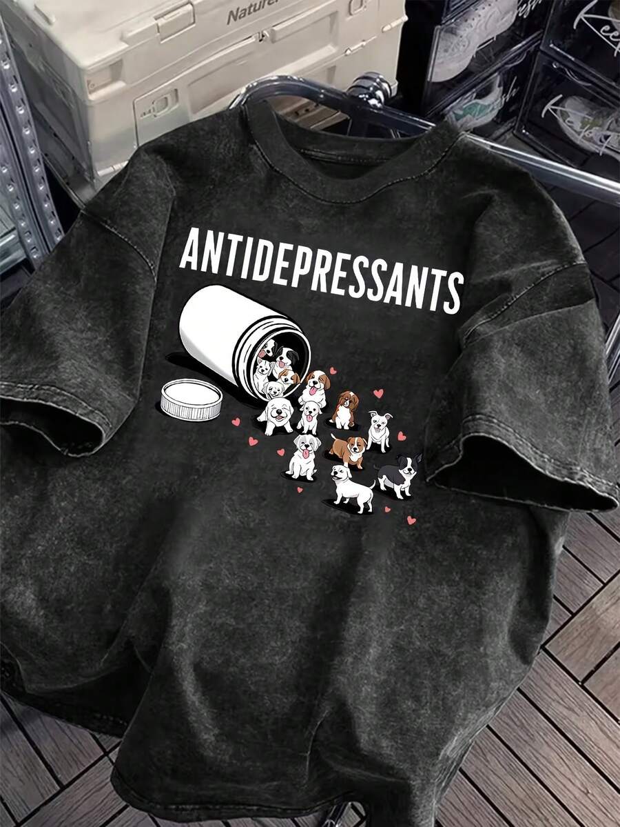 Camiseta de manga corta para mujer con estampado de antidepresivos, cuello redondo y estilo retro, ideal para uso diario informal. - Negro - Ver 1