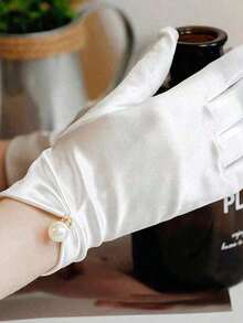 1pair White Short Satin & Faux Pearl Solid Color Gloves Suitable For Wedding, Party, Driving And Daily Use Autumn Accessories PXA2 - 白色 - 查看 3