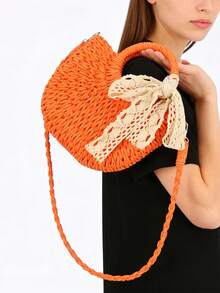 草编包 女士手工编织手提包 月牙形蕾丝蝴蝶结藤编包 大容量抽绳休闲沙滩单肩斜挎包 手工编织草编藤半月形沙滩手提包 大容量女士夏季镂空斜挎单肩包 - 彩色 - 查看 8