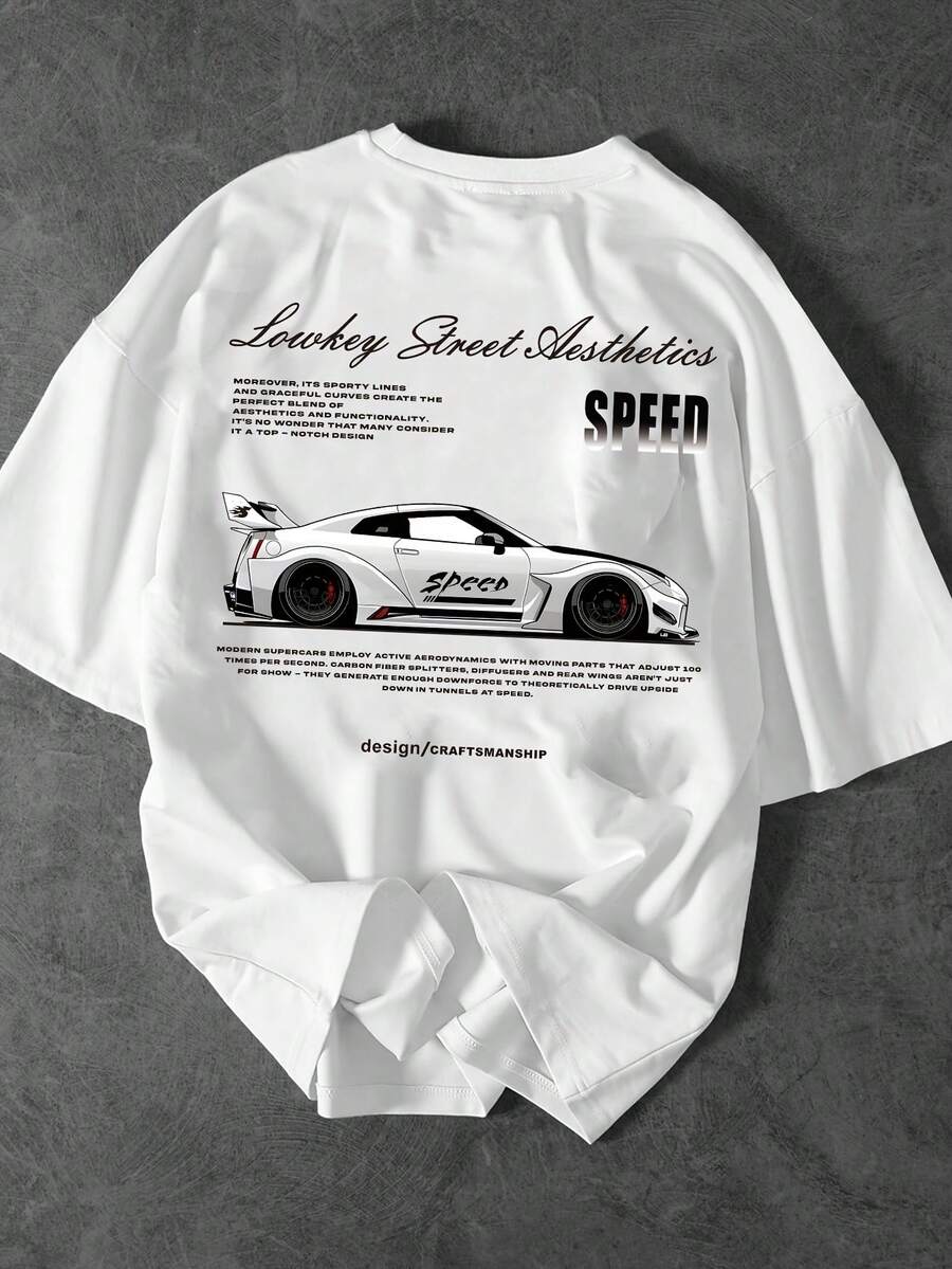 Summer Tops, Street Fashion Brand, Sports Car Print, Short-Sleeved Techwear Racing Pattern Cotton T-Shirt. - White - View 1