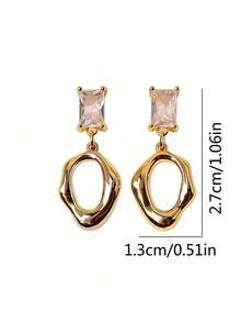 1 Pair Fashionable Asymmetrical Geometric Square Zirconia Earrings, Gold Unique Design Eardrops, Versatile Daily Wear Earrings For Women - Geometric Earrings - View 6