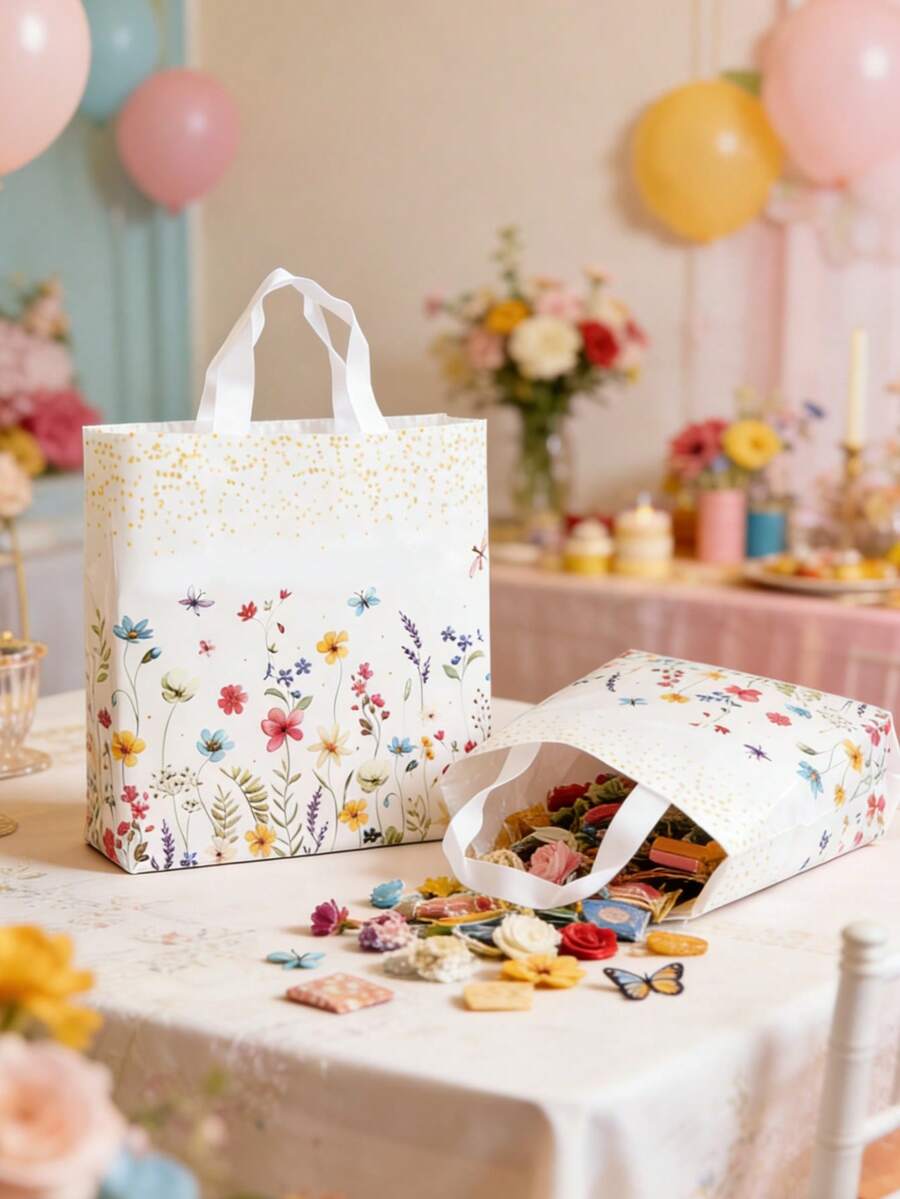50pcs Floral Pattern Gift Bags, Large Size Practical Bags With Flower And Butterfly Patterns, Suitable For Birthday, Wedding, Baby Shower, Gender Reveal Party, Spring Theme Party, Can Be Used For Decoration, Storage, Gift Packaging, Home Holiday Party Decor, Indoor/Outdoor Decor, Party Supplies