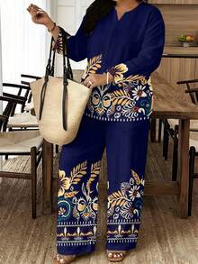 Plus Size Women's Outfit, Navy Base Yellow & Brown Plant Print Notch Lapel Top & Straight Leg Pants Two-Piece Set, With Side Pockets, Suitable For Home, Commute & Vacation, Casual Daily Wear Set - 彩色 - 查看 2
