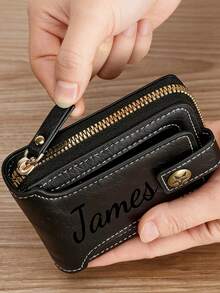 1 pieza Billetera personalizada grabada para hombres, billetera de piel sintética marrón de moda con hebilla, ranuras para tarjetas con cremallera y monedero, accesorio duradero y elegante, regalo ideal para el Día del Padre y ocasiones especiales - Multicolor - Ver 4