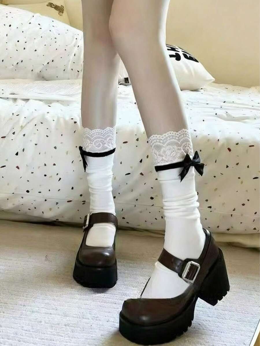 1 đôi tất nữ kiểu Kawaii viền ren, tất ren xếp ly màu trơn, đa năng, phù hợp với giày Mary Jane, thích hợp cho mùa xuân, hè, thu và đông, tuyệt vời cho các buổi hẹn hò và du lịch. - trắng - Xem 1