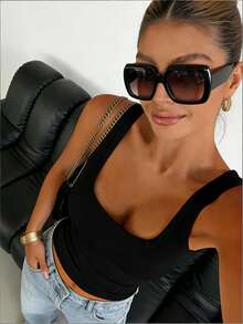 Women Plus Size White Casual Basic Deep U-Neck Narrow Ribbed Sleeveless Top With Side Pleated Detail - Black - View 2