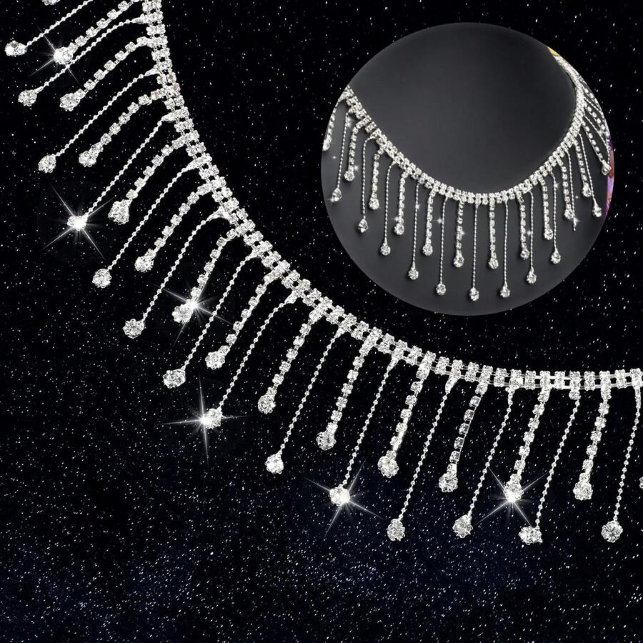 One Strip Of Glittering White Rhinestone Fringe Ribbon - An Irregular Crystal Bead Fringe Chain With Adjustable Length, Suitable For DIY Sewing, Wedding Dresses, Apparel Crafts, Home Decor, And Sewing Accessories | A Charming Embellishment - Tassel - View 1