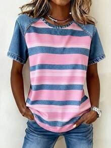 时尚牛仔印花与粉色条纹碰撞，女士夏季穿搭，女士沙滩装，女士休闲衬衫，女士休闲圆领短袖T恤 - 淺粉色 - 查看 1