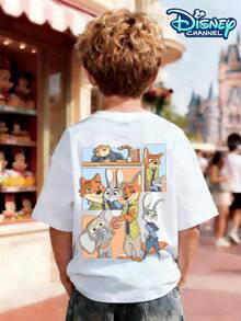 Disney Boys' Crew Neck T-Shirt, Casual Style, Ages 4-12, Summer, Pure Cotton Short-Sleeve, Featuring Nick Wilde And Judy Hopps Cartoon Character Prints, IP Collaboration Design. Suitable For Everyday School Wear, Amusement Park Outings, And Other Casual Outings. Breathable, Skin-Friendly, And Sweat-Absorbent. - trắng - Xem 2