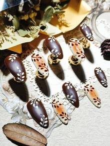 Handmade Press On Nails 10Pcs Almond Shape Chocolate Brown Gradient Leaf Pattern Glossy Finish Reusable False Nails For Daily Wear - Coffee Brown - View 13