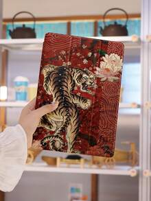 凶猛动物红色花卉虎纹平板电脑保护套，带三折支架，兼容 iPad 10.2 英寸 (A16) 11 英寸、第 11 代、2025 款、第 8/9/10 代、Air 4 代 10.9 英寸、Galaxy Tab S6 Lite 10.4 英寸，防摔，带笔槽，支持睡眠/唤醒功能，是送给孩子/家人的好礼物。 - 彩色 - 查看 5