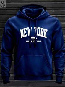 New York City Men's Unisex Kangaroo Hoodie Sweatshirt, Warm, Soft And Comfortable Winter Jacket, New Release, 100% Cotton - 藏蓝色 - 查看 1