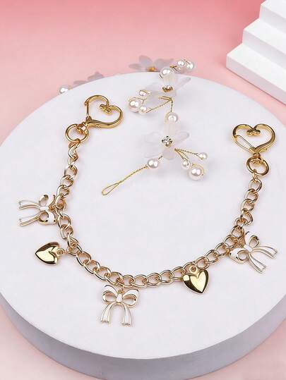 1 pieza Accesorio de cadena de bolso con patrón de lazo, Cadena extendedora de bolso con colgante de lazo blanco, Cadena de bolso metálica decorativa y reemplazable, Colgante de moda, Estilo de resort de playa, Lazo Y2K Kawaii Llavero chino