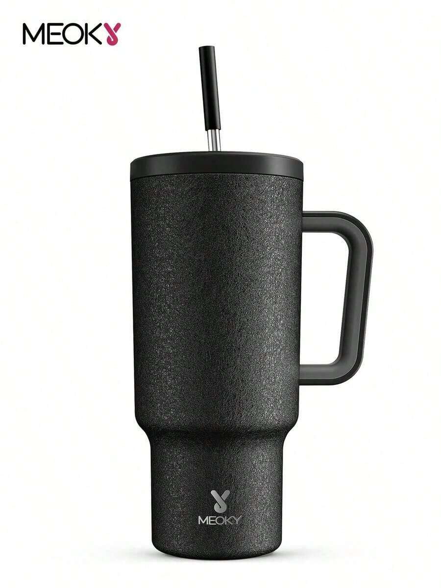 40oz Handled Vacuum Insulated Water Bottle, Leak-Proof Lid & Straw, Stainless Steel Travel Cup, Keeps Cold For 34hrs Or Hot For 10hrs (Matte Crackle) - Olive Green - View 1