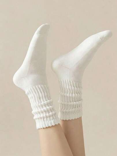 1 Pair Solid Color Minimalist Thick Knit Mid-Calf Socks, Suitable For Daily Wear