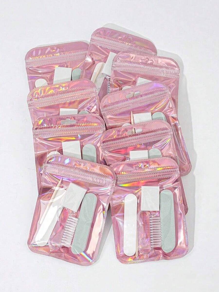 1/3/5 Pcs Manicure Set, Mini Nail File And Orange Wood Stick Set, Double-Sided Nail File, Wooden Cuticle Pusher, Nail Cleaning Tools, Nail Buffers, Nail Brushes - Pink - View 1