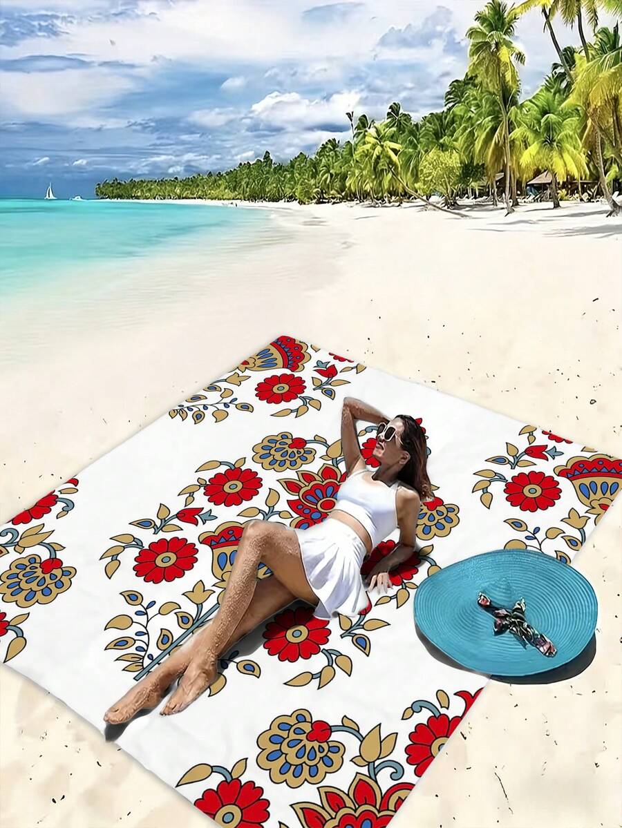 1pc Traditional Floral Pattern Picnic Blanket, Large Sand-Proof Waterproof Beach Mat, Suitable For Camping, Portable Foldable Lightweight Travel Rug, Ideal For Park Outing, Beach Trip, Barbecue And Other Outdoor Activities - C - View 1