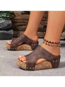 2025 New Summer European And American Style Comfortable Retro Wedge Heel Sandals, Open-Toe Hollow-Out Women'S Sandals - Brown - View 3
