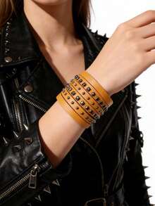 1pc Leather Bracelet, Personalized Rivet Wide Cuff Bracelet, Punk Style Stage Performance Accessory, Unisex, Nightclub Decor, Gift For Boyfriend - Bracelet - View 6