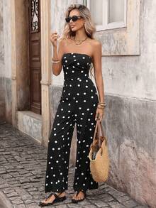 Women's Spring Summer Fashion Retro Polka Dot Sleeveless Strapless Jumpsuit, European & French Style Elegant Casual Outfit - Black - View 2